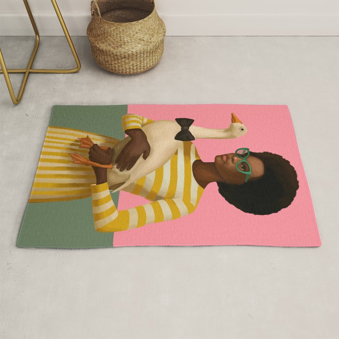Stylish Woman Holding Goose in Striped Dress Rug Gallery Image 1