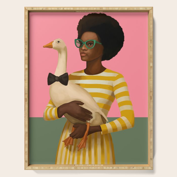 Stylish Woman Holding Goose in Striped Dress Serving Tray Gallery Image 1