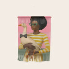 Stylish Woman Holding Goose in Striped Dress Wall Hanging Gallery Image 1