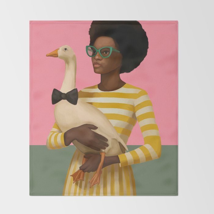 Stylish Woman Holding Goose in Striped Dress Throw Blanket Gallery Image 2