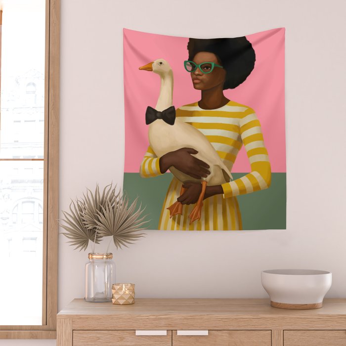 Stylish Woman Holding Goose in Striped Dress Wall Tapestry Gallery Image 2