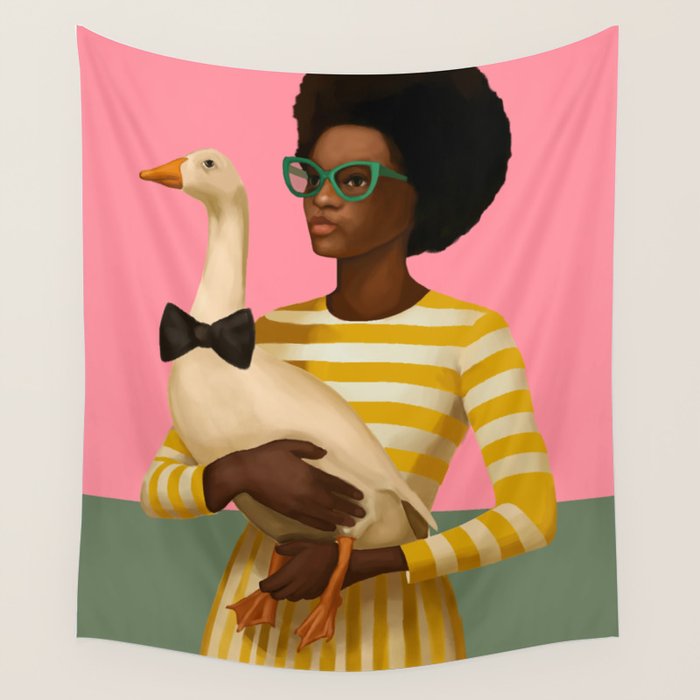 Stylish Woman Holding Goose in Striped Dress Wall Tapestry Gallery Image 4