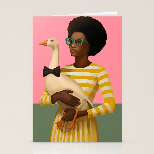 Stylish Woman Holding Goose in Striped Dress Stationery Card Gallery Image 1