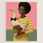 Stylish Woman Holding Goose in Striped Dress Jigsaw Puzzle Gallery Image 1