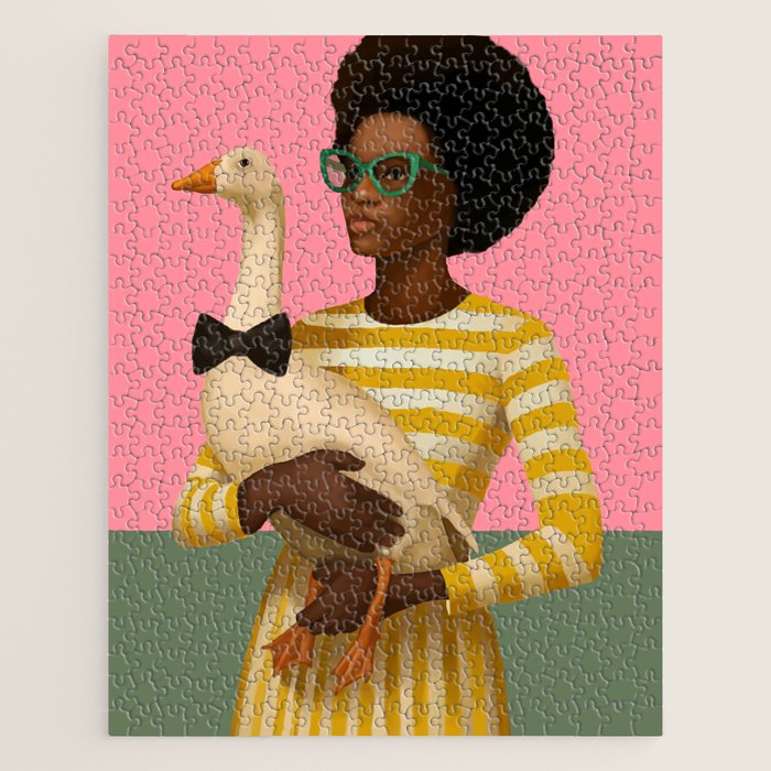 Stylish Woman Holding Goose in Striped Dress Jigsaw Puzzle Gallery Image 1