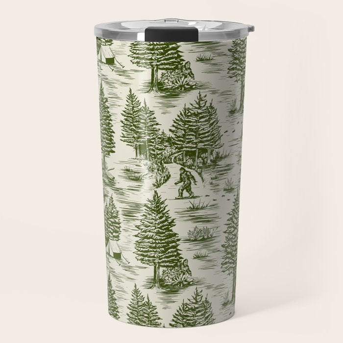 Bigfoot / Sasquatch Toile de Jouy in Forest Green Travel Mug Gallery Image 1