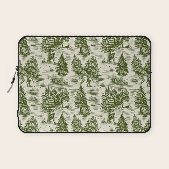 Bigfoot / Sasquatch Toile de Jouy in Forest Green Laptop Sleeve Gallery Image 1