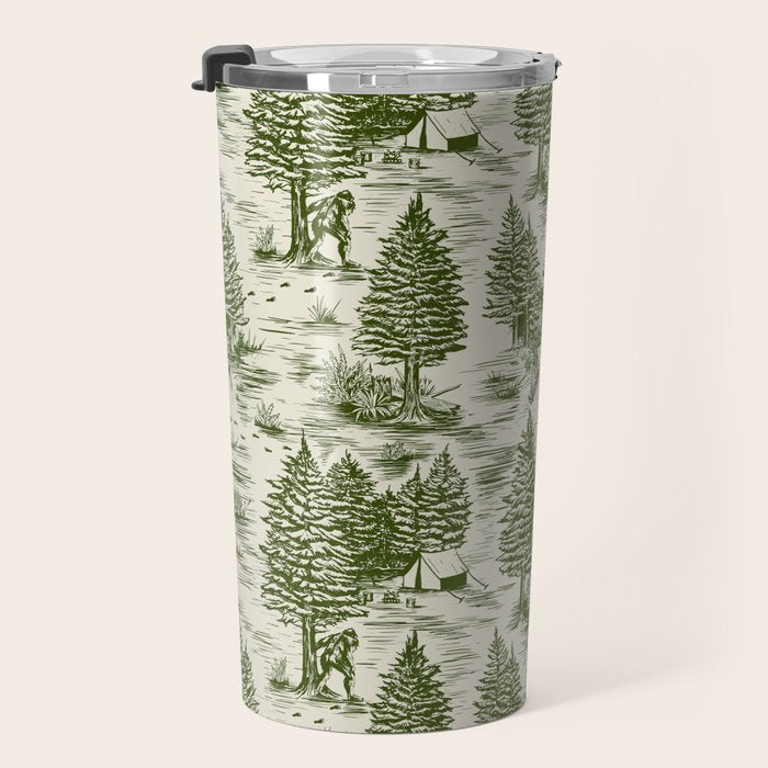 Bigfoot / Sasquatch Toile de Jouy in Forest Green Travel Mug Gallery Image 3