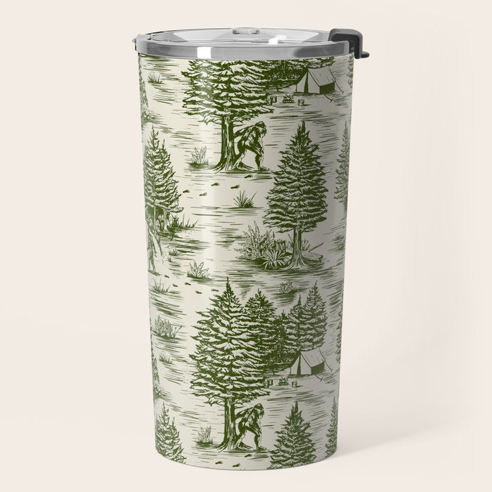 Bigfoot / Sasquatch Toile de Jouy in Forest Green Travel Mug Gallery Image 2