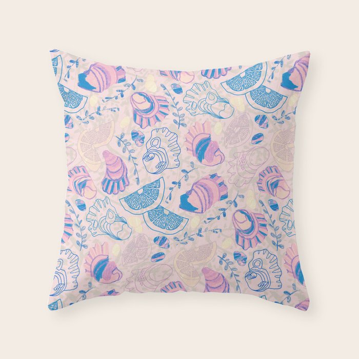 Coastal Oysters on the Beach in Pastel Pink & Blue Throw Pillow Gallery Image 1