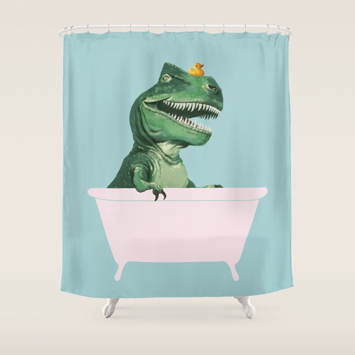 Playful T-Rex in Bathtub in Green Shower Curtain
