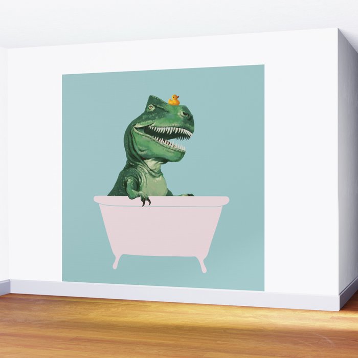 Playful T-Rex in Bathtub in Green Wall Mural Gallery Image 2