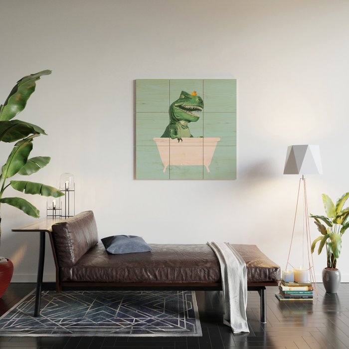 Playful T-Rex in Bathtub in Green Wood Wall Art Gallery Image 2