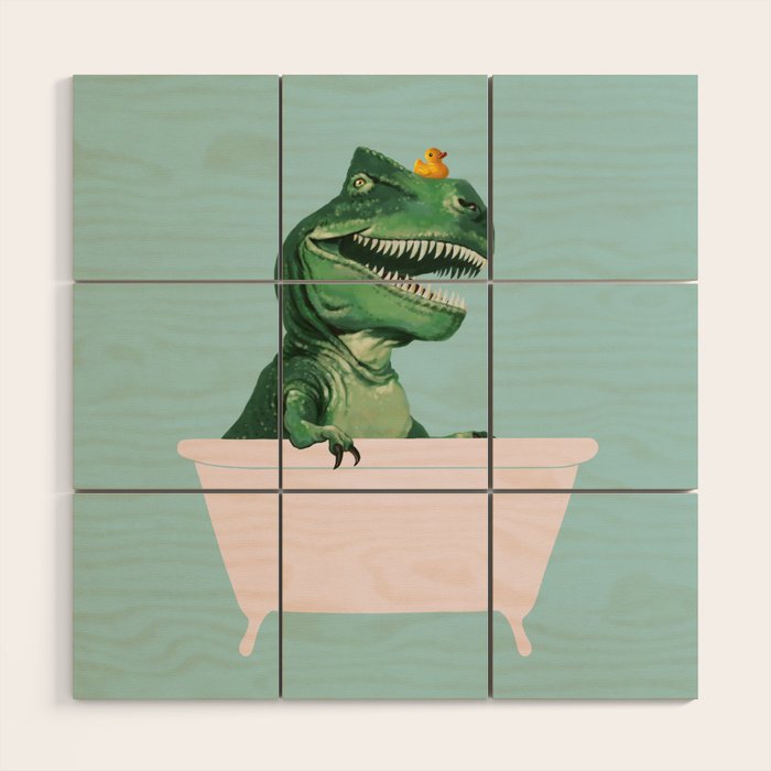 Playful T-Rex in Bathtub in Green Wood Wall Art Gallery Image 1