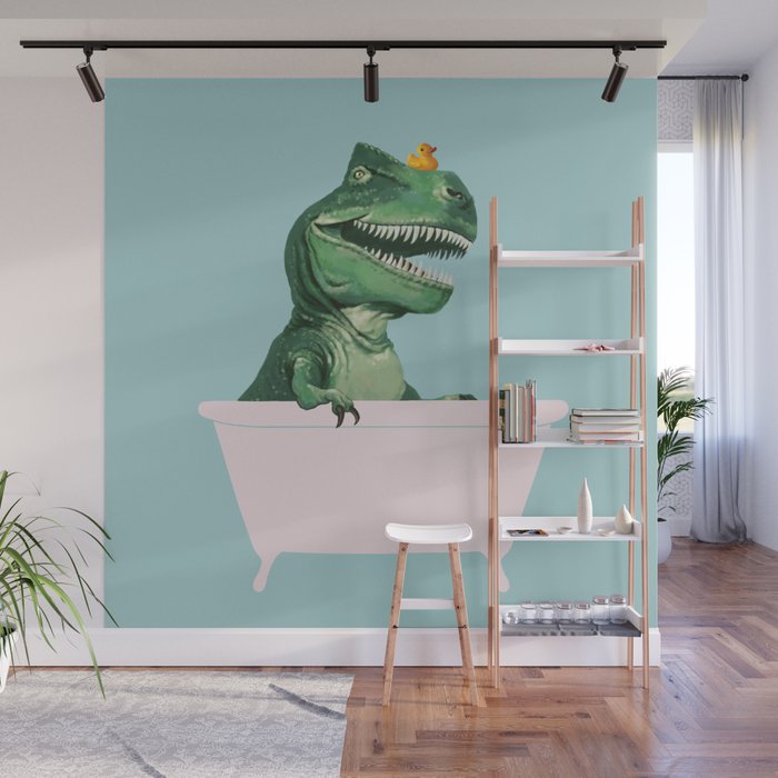Playful T-Rex in Bathtub in Green Wall Mural Gallery Image 1
