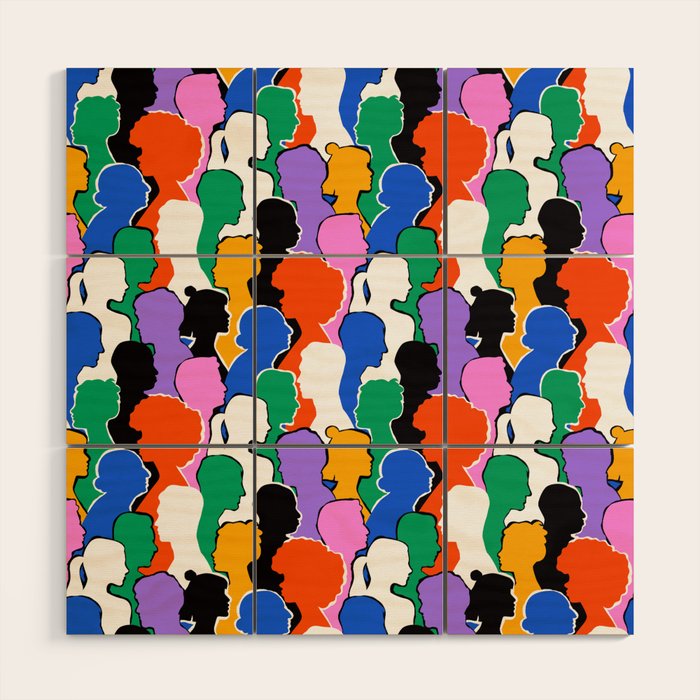 Colorful diverse people crowd art pattern Wood Wall Art Gallery Image 1