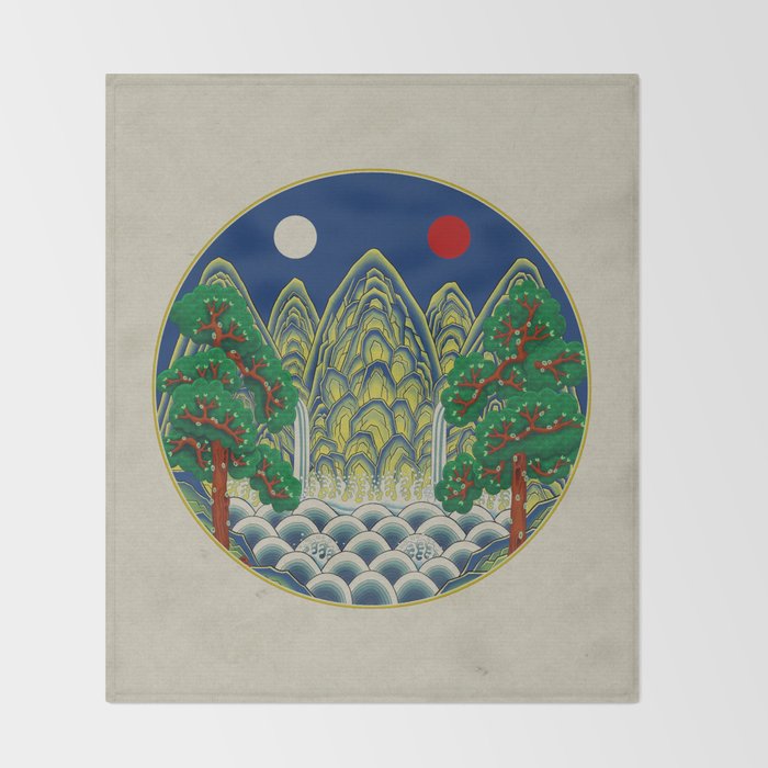 Five peaks of the sun and moon : Kingâs painting (Minhwa-Korean folk art) Throw Blanket Gallery Image 2