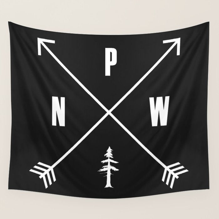 PNW Pacific Northwest Compass - White on Black Minimal Wall Tapestry Gallery Image 1