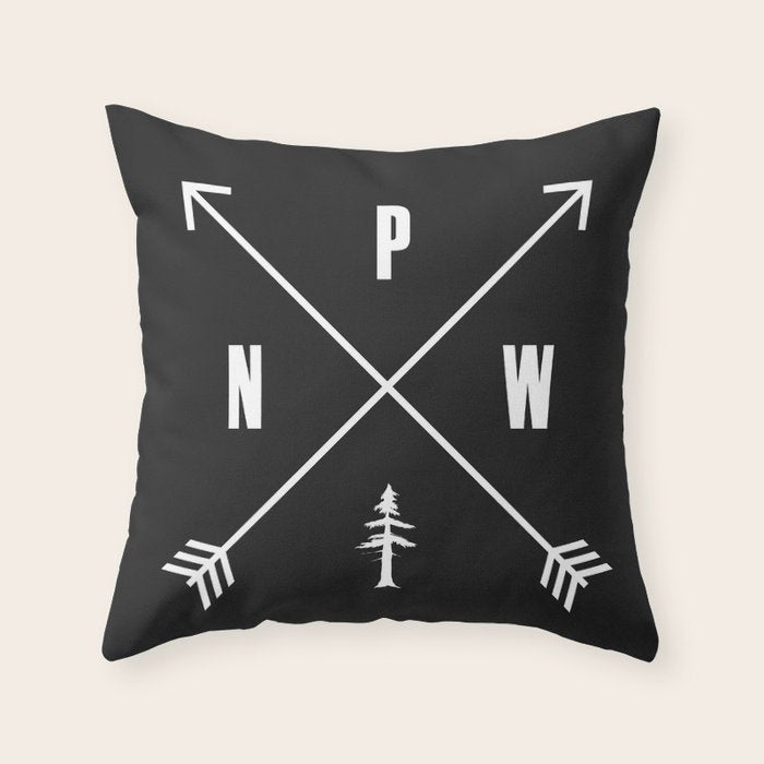PNW Pacific Northwest Compass - White on Black Minimal Throw Pillow Gallery Image 6