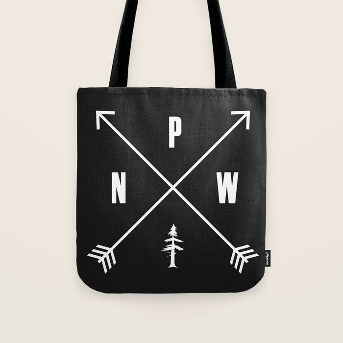 PNW Pacific Northwest Compass - White on Black Minimal Tote Bag Gallery Image 1