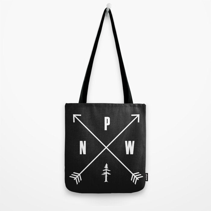 PNW Pacific Northwest Compass - White on Black Minimal Tote Bag Gallery Image 2