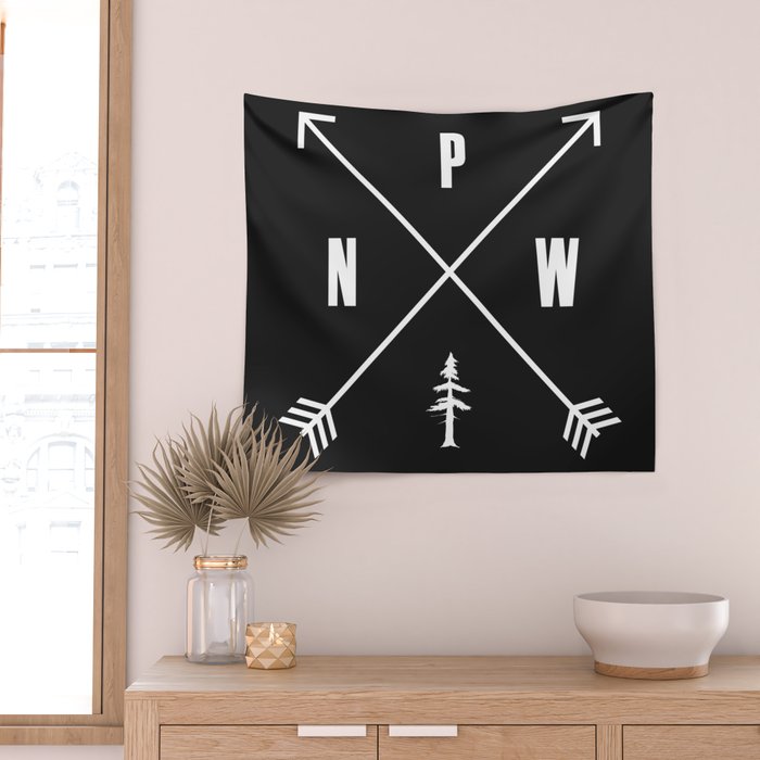 PNW Pacific Northwest Compass - White on Black Minimal Wall Tapestry Gallery Image 2