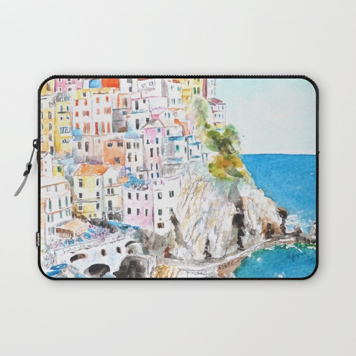 Italy Cinque Terre watercolor painting Laptop Sleeve Gallery Image 1