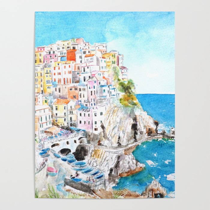 Italy Cinque Terre watercolor painting Poster Gallery Image 4