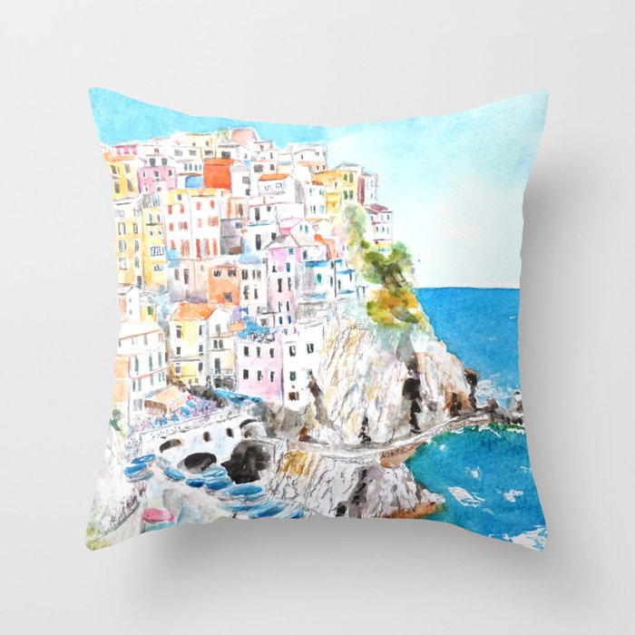 Italy Cinque Terre watercolor painting Throw Pillow Gallery Image 1