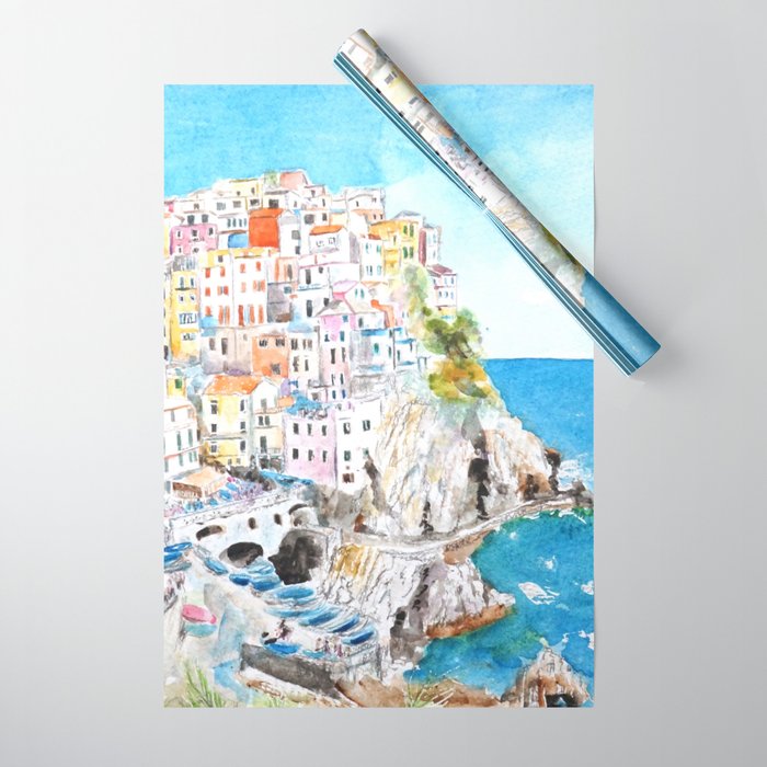 Italy Cinque Terre watercolor painting Wrapping Paper Gallery Image 1