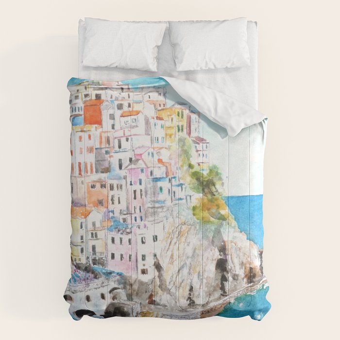 Italy Cinque Terre watercolor painting Comforter Gallery Image 1