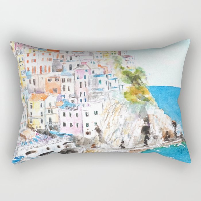 Italy Cinque Terre watercolor painting Rectangular Pillow Gallery Image 1