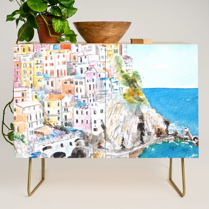 Italy Cinque Terre watercolor painting Credenza Gallery Image 1