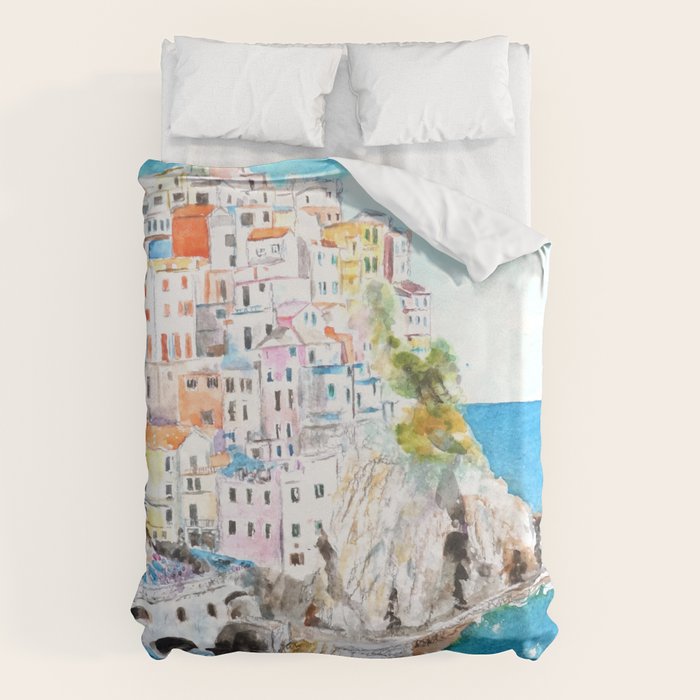 Italy Cinque Terre watercolor painting Duvet Cover Gallery Image 6