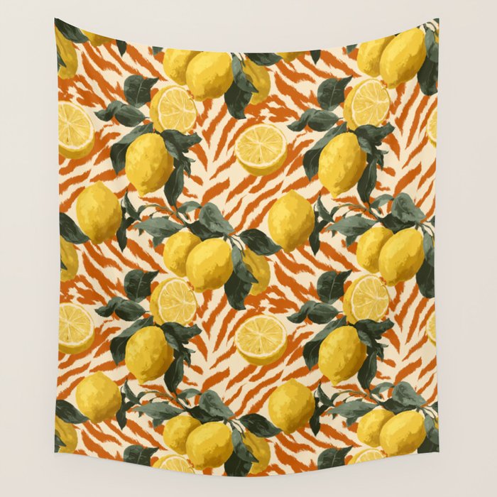 Bold Lemon Citrus Pattern Wall Tapestry Gallery Image 1