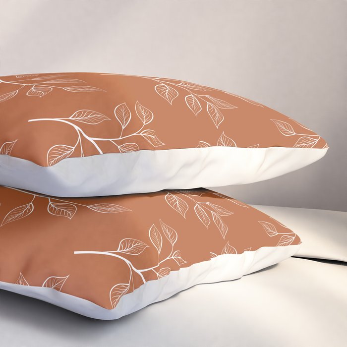 Delicate White Leaves and Branch on a Rust Orange Background Pillow Sham Gallery Image 3