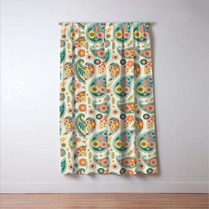 Retro Paisley Floral - Multicolored on Cream Window Curtain Gallery Image 3