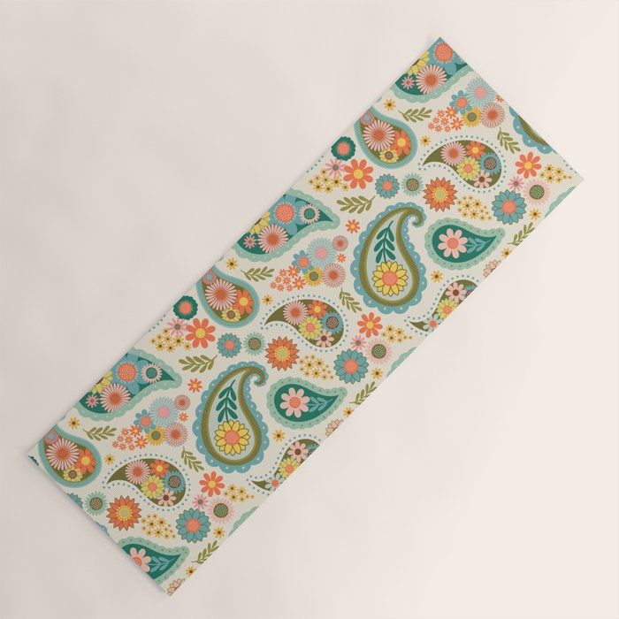 Retro Paisley Floral - Multicolored on Cream Yoga Mat Gallery Image 1