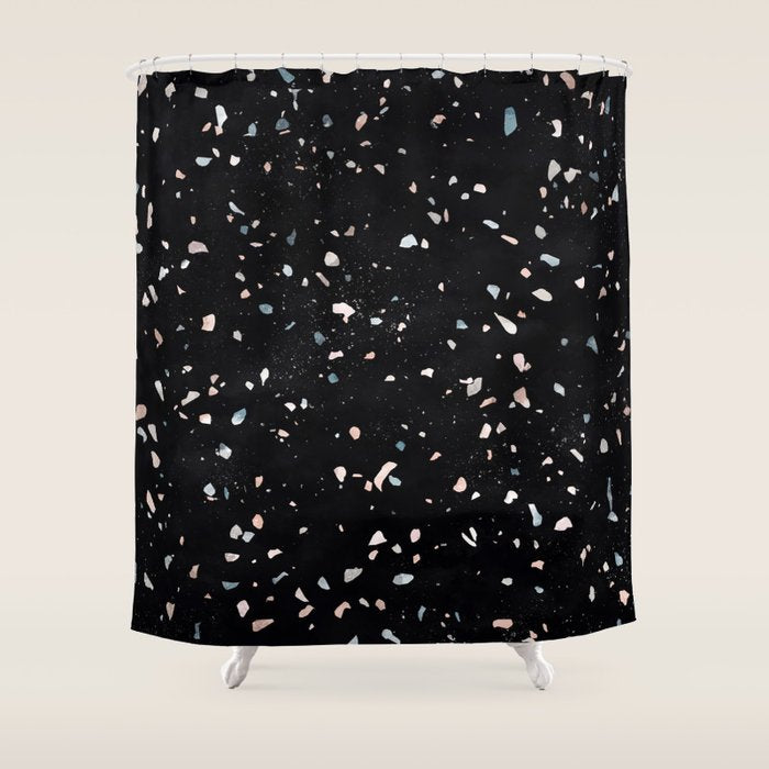 Terrazzo Memphis black galaxy Shower Curtain Gallery Image 1