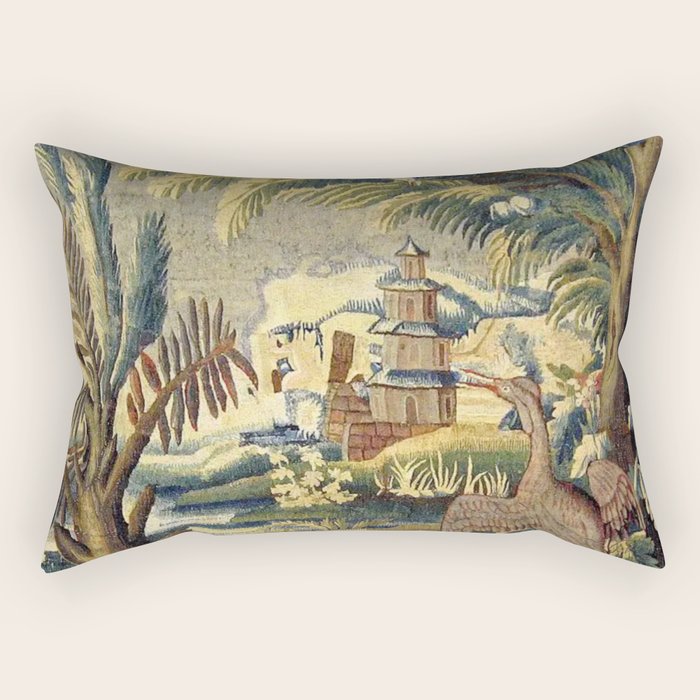 Antique 17th Century Flemish Chinoiserie Temple Landscape Tapestry Rectangular Pillow Gallery Image 1