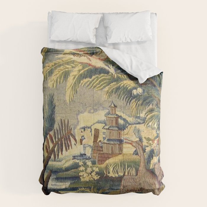 Antique 17th Century Flemish Chinoiserie Temple Landscape Tapestry Comforter Gallery Image 1