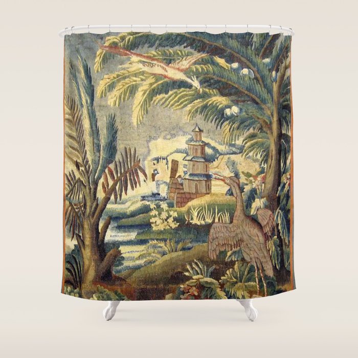 Antique 17th Century Flemish Chinoiserie Temple Landscape Tapestry Shower Curtain Gallery Image 1