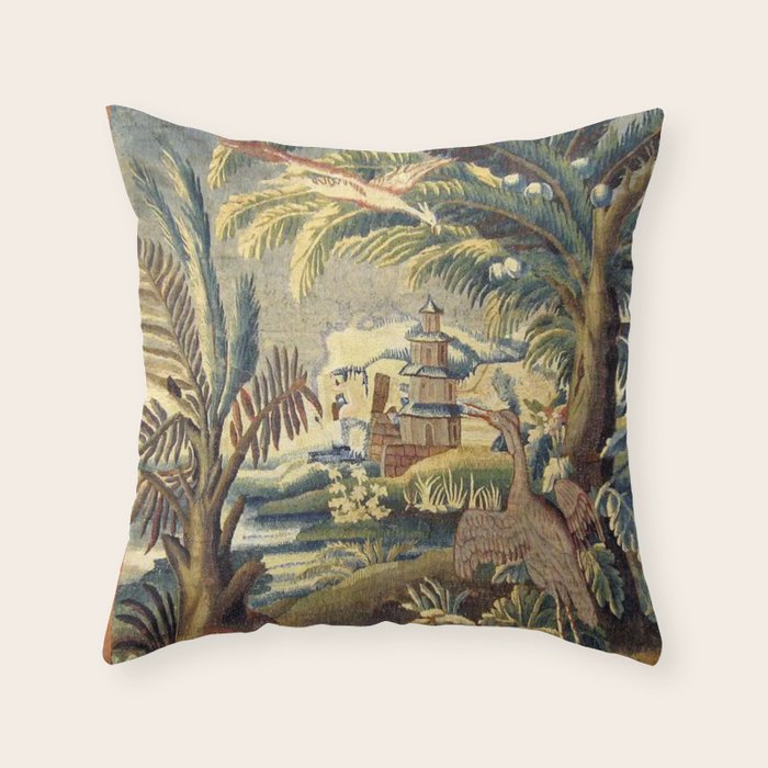 Antique 17th Century Flemish Chinoiserie Temple Landscape Tapestry Throw Pillow Gallery Image 6