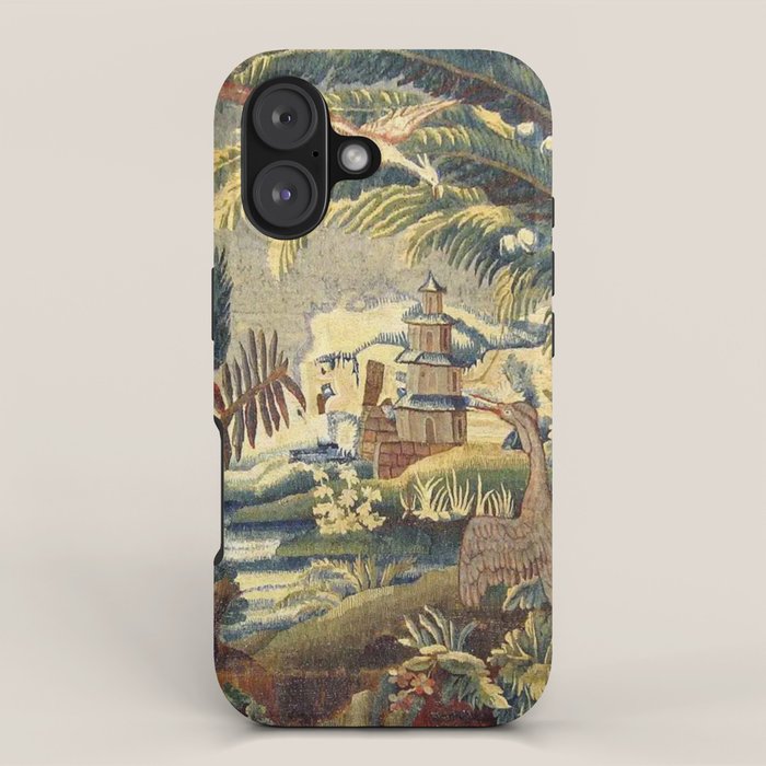 Antique 17th Century Flemish Chinoiserie Temple Landscape Tapestry iPhone Case Gallery Image 1