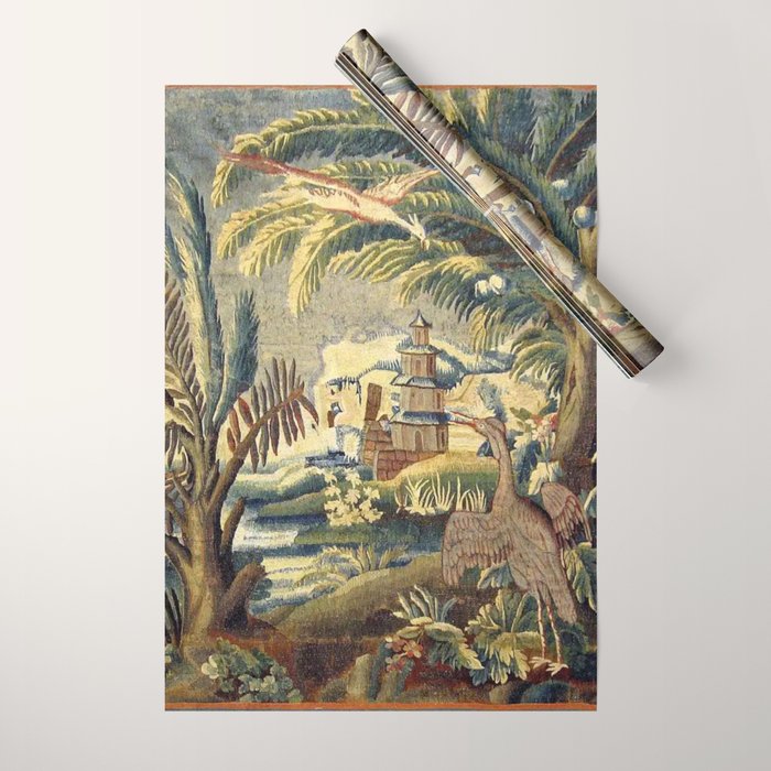Antique 17th Century Flemish Chinoiserie Temple Landscape Tapestry Wrapping Paper Gallery Image 1