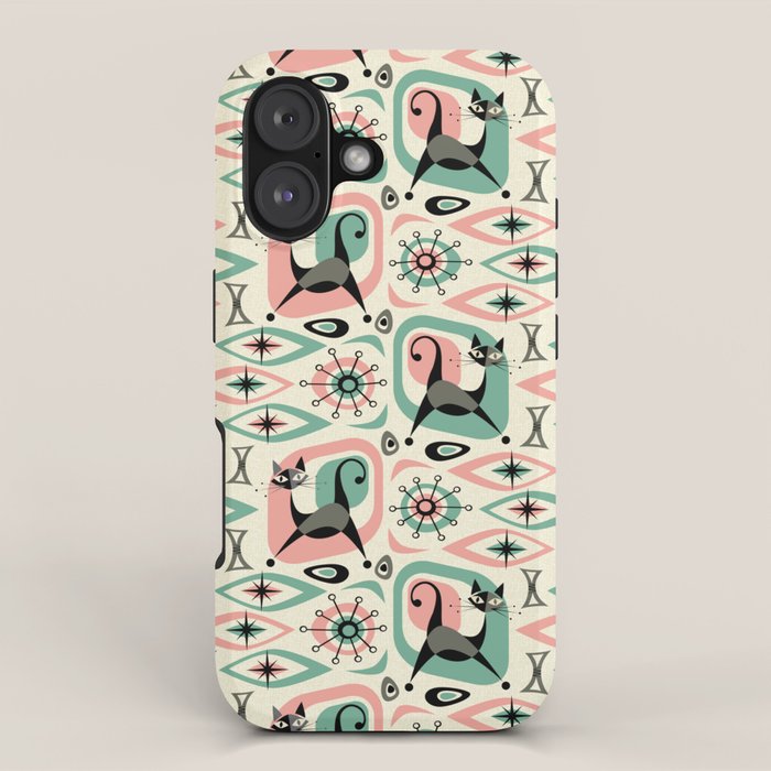Mid Century Cat Abstract - Pink Aqua iPhone Case Gallery Image 1