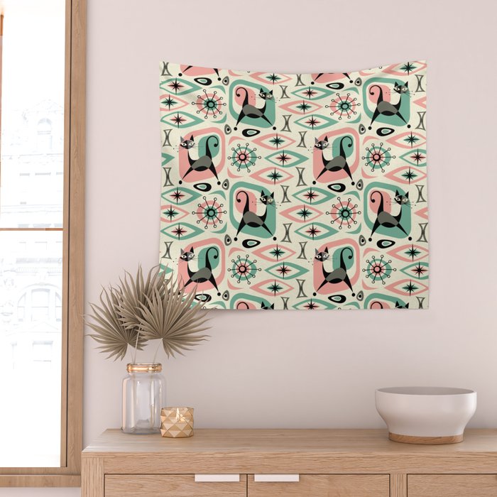 Mid Century Cat Abstract - Pink Aqua Wall Tapestry Gallery Image 2