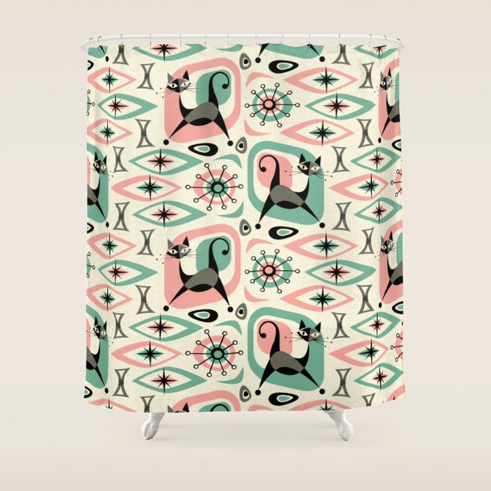 Mid Century Cat Abstract - Pink Aqua Shower Curtain Gallery Image 1