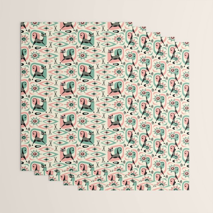 Mid Century Cat Abstract - Pink Aqua Wrapping Paper Gallery Image 3