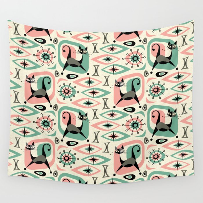 Mid Century Cat Abstract - Pink Aqua Wall Tapestry Gallery Image 1